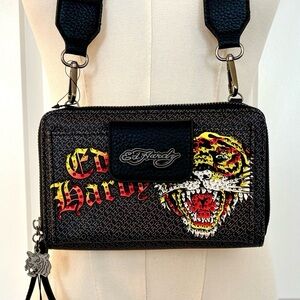 ED HARDY Tiger Crystal Embellished Wristlet/Crossbody Handbag